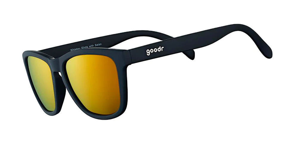 Goodr Sunglasses. OG. Navy with Orange Lenses. Front/Lateral View.