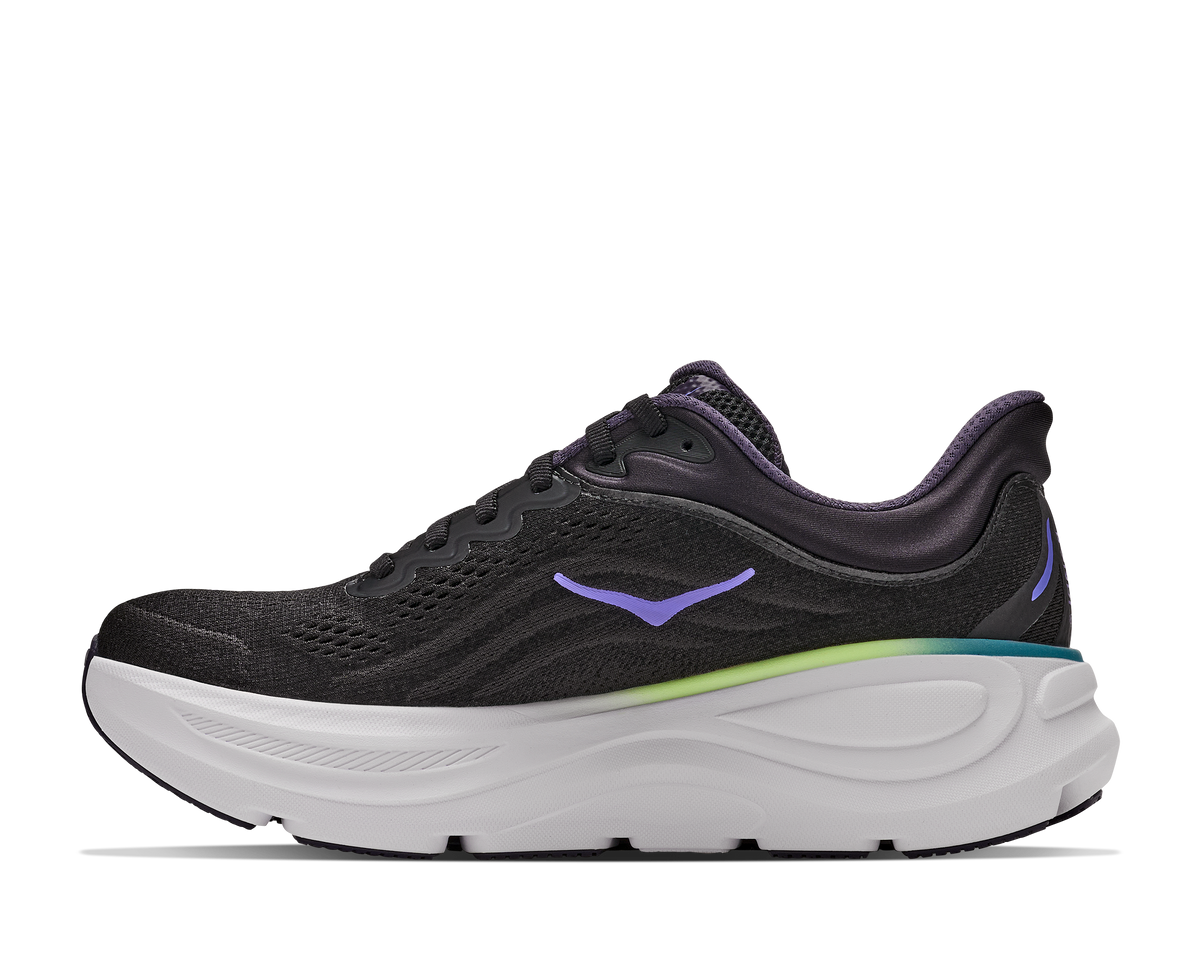 Women's HOKA Bondi 9 in Black/Neon Dragonfruit — medial view.