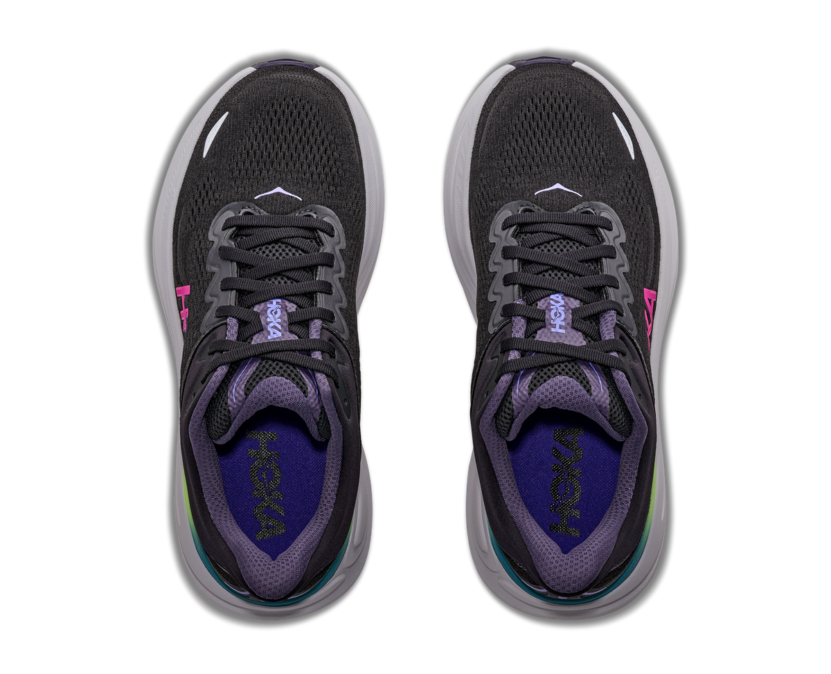Women's HOKA Bondi 9 in Black/Neon Dragonfruit — top view.