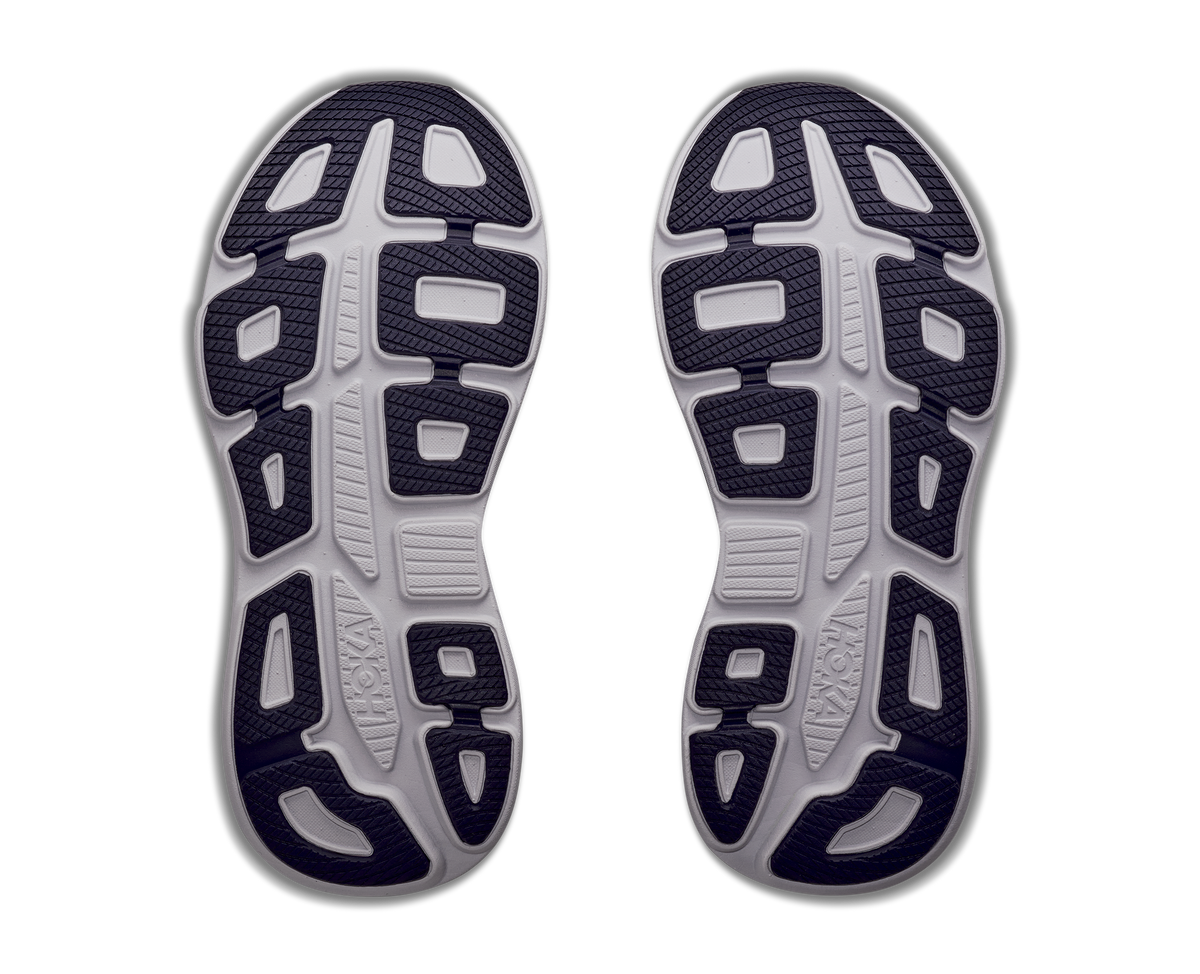 Women's HOKA Bondi 9 in Black/Neon Dragonfruit — outsole view.