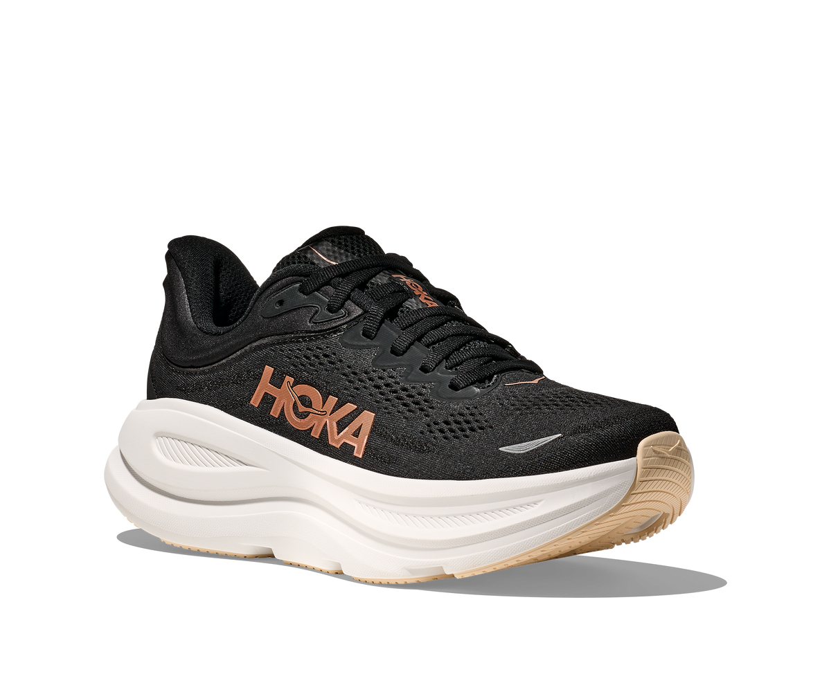 Women's HOKA Bondi 9 in Black/Rose Gold — lateral view.