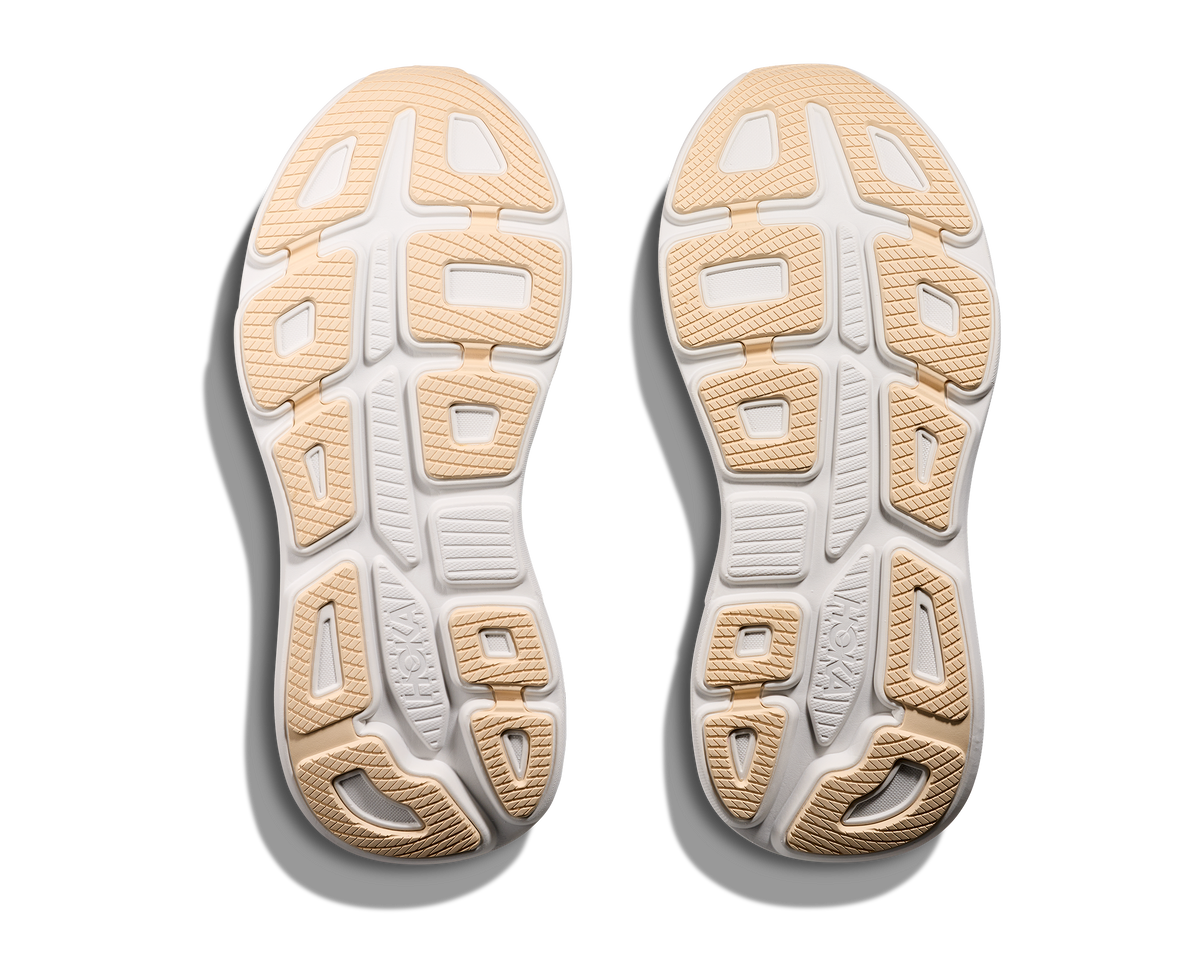 Women's HOKA Bondi 9 in Black/Rose Gold — outsole view.