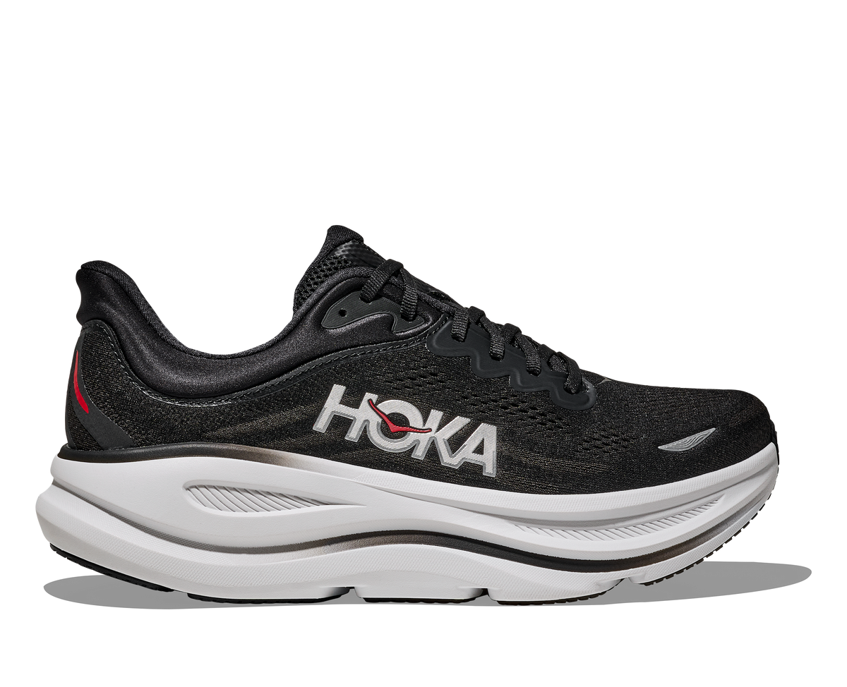 Men's HOKA Bondi 9 in Black/Vermillion — alternate lateral view.