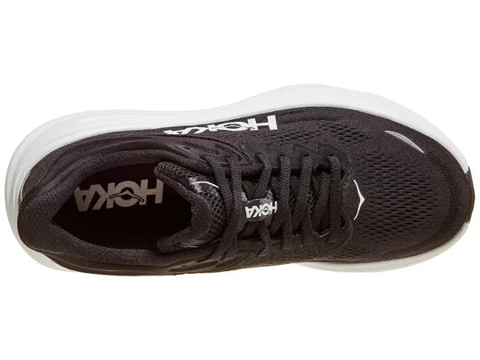 Women's HOKA Bondi 9 in Black/White — top view.