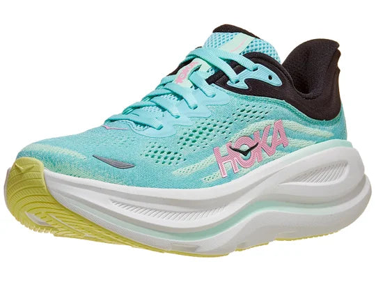 Women's HOKA Bondi 9 in Blue Spark/Mint Flourite — lateral view.