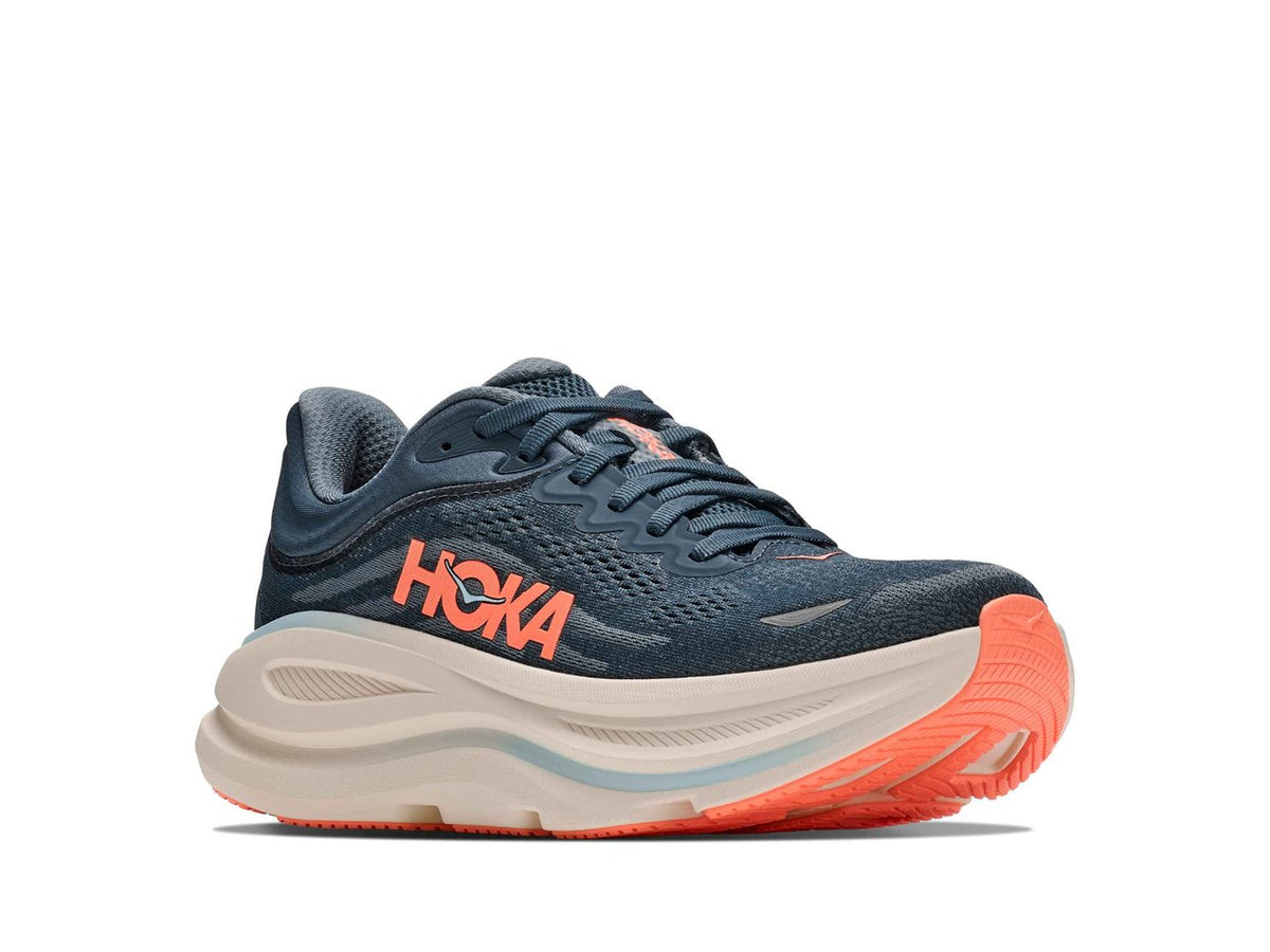 Women's HOKA Bondi 9 in Faded Navy/Slate Blue — front three-quarter view.