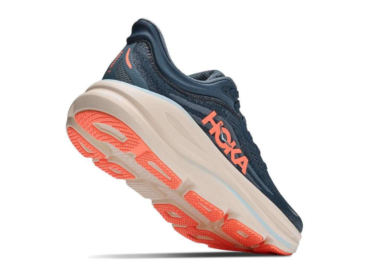 Women's HOKA Bondi 9 in Faded Navy/Slate Blue — angled heel and outsole view.