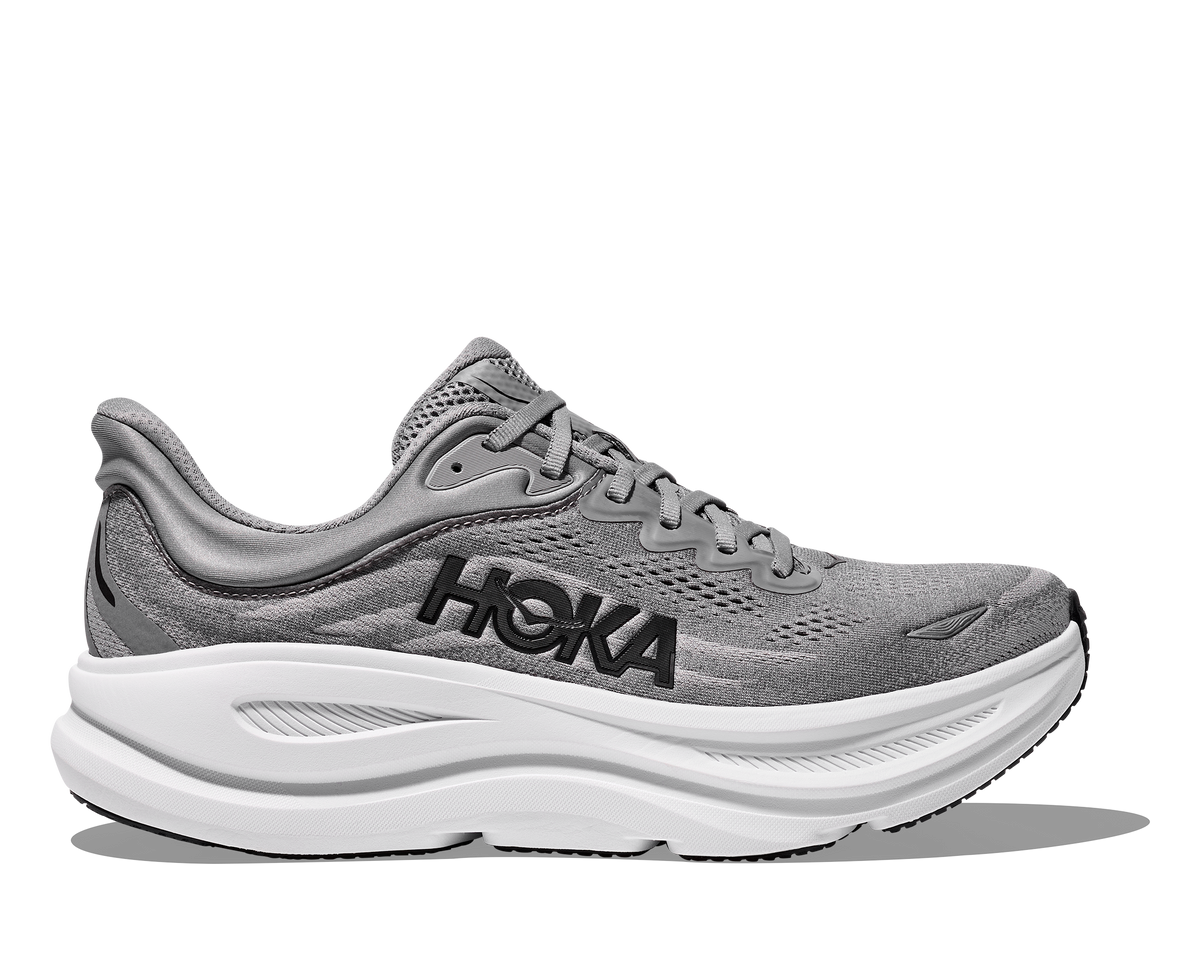 Men's HOKA Bondi 9 in Galactic Grey/Stellar Grey — lateral view.