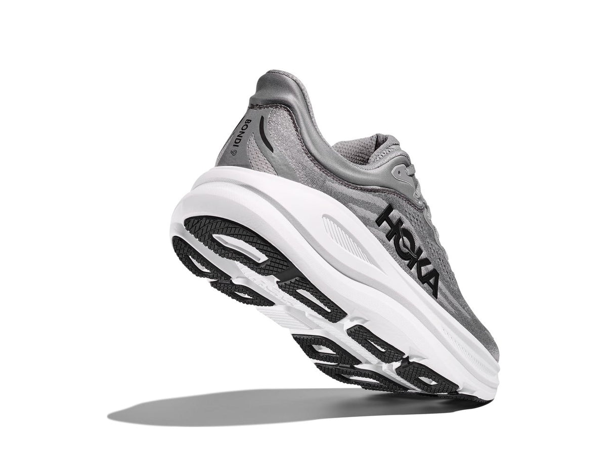 Men's HOKA Bondi 9 in Galactic Grey/Stellar Grey — rear angled view.