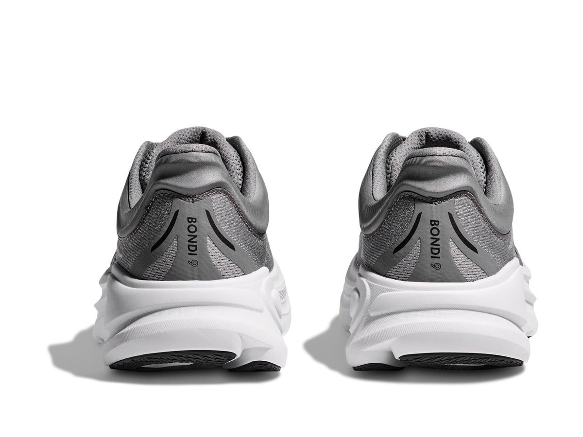 Men's HOKA Bondi 9 in Galactic Grey/Stellar Grey — rear view.