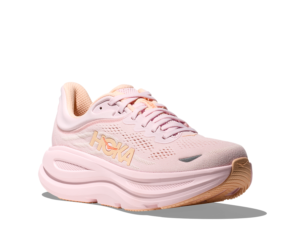 Women's HOKA Bondi 9 in Lilac Cream/Tangerine Glow — lateral view.
