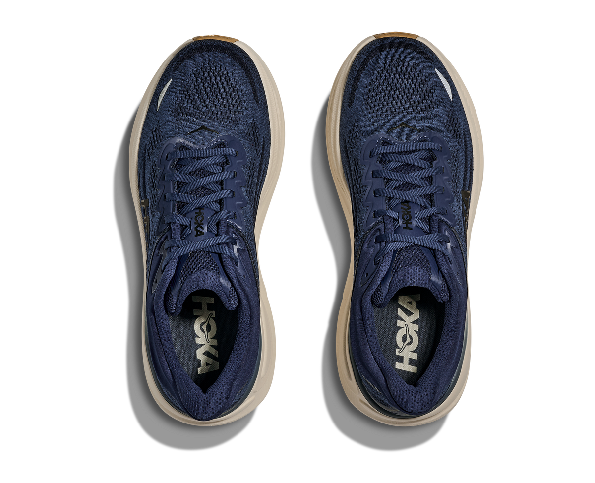 Men's HOKA Bondi 9 in Midnight Blue/Varsity Navy — top view.