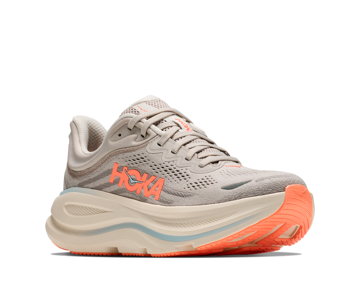 Women's HOKA Bondi 9 in Riverrock Grey/Mineral Ore — lateral view.
