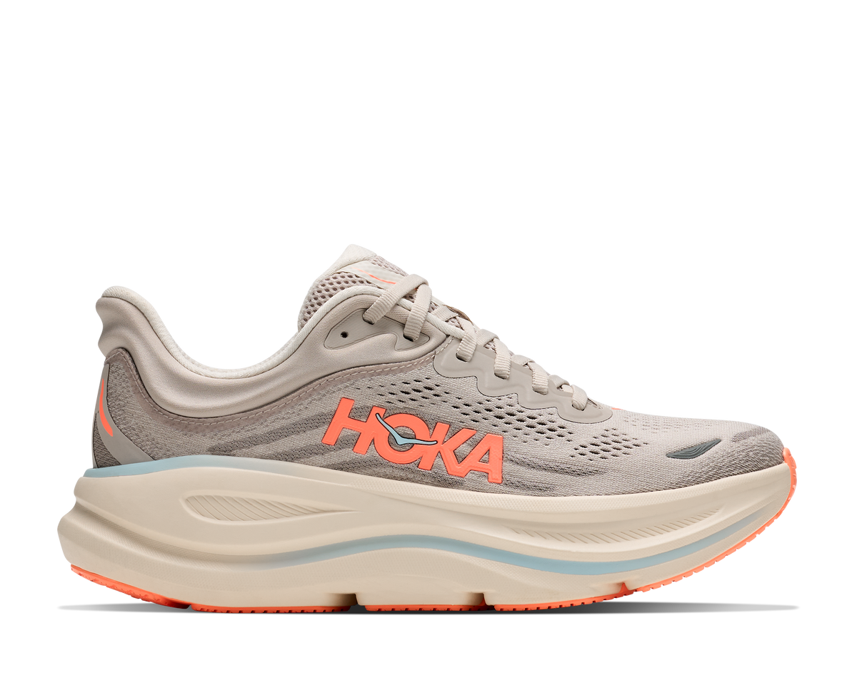 Women's HOKA Bondi 9 in Riverrock Grey/Mineral Ore — alternate lateral view.