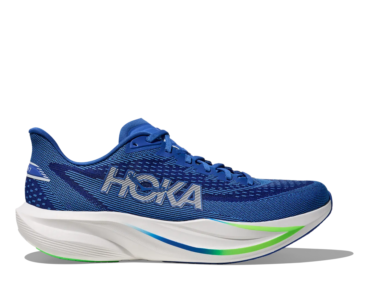 Men's HOKA Mach 7 in Cobalt Blue/Neon Green, side view.