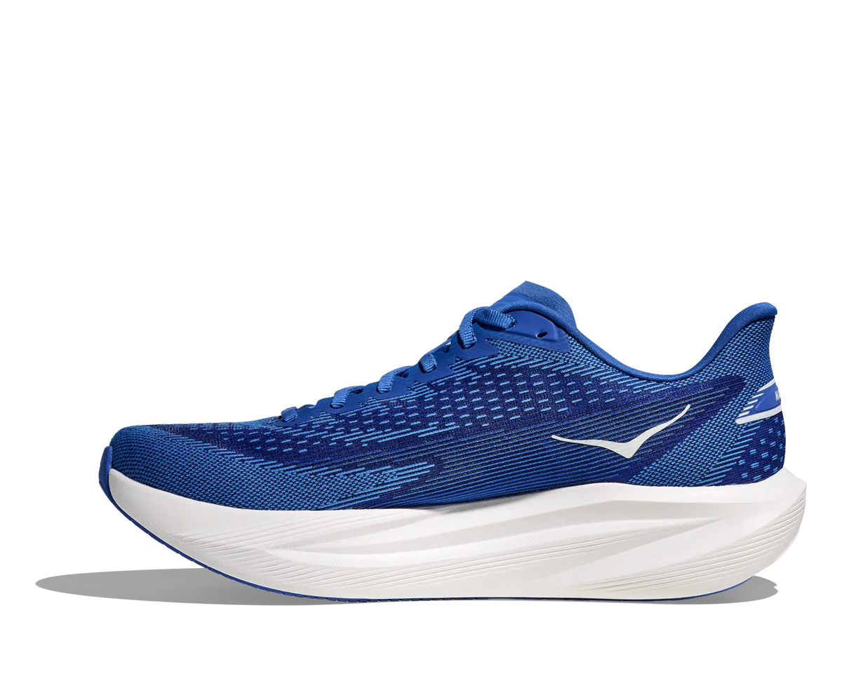 Men's HOKA Mach 7 in Cobalt Blue/Neon Green, medial view.