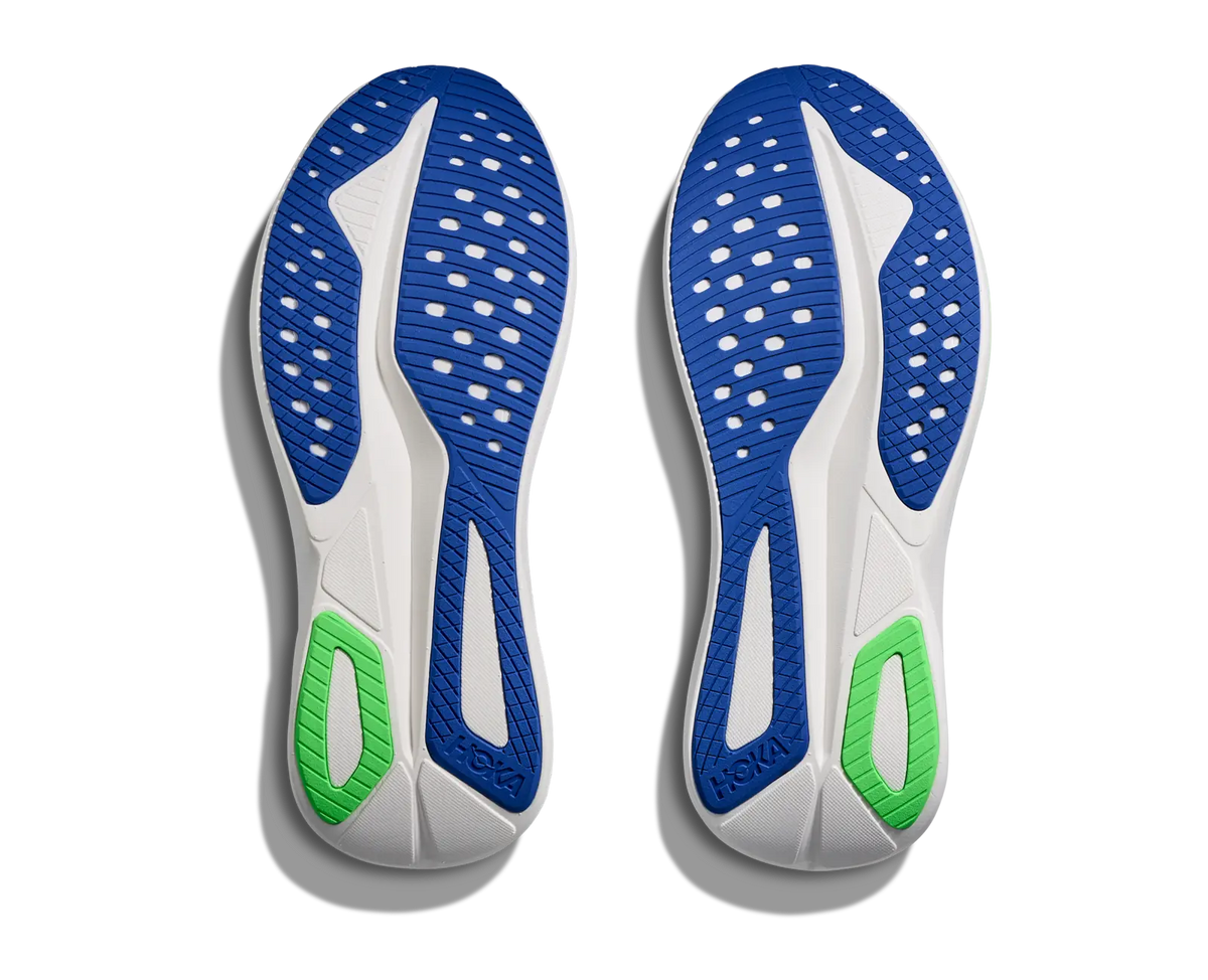 Men's HOKA Mach 7 in Cobalt Blue/Neon Green, outsole view.