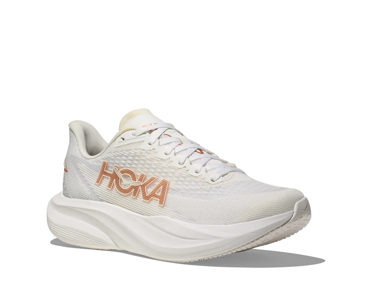 Women's HOKA Mach 7 in Frost/Rose Gold, lateral view.