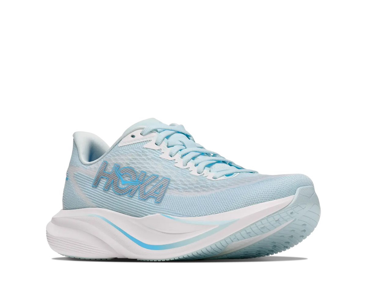 Women's Hoka Mach 7 in Glimmering Blue/Frost, three-quarter lateral view.