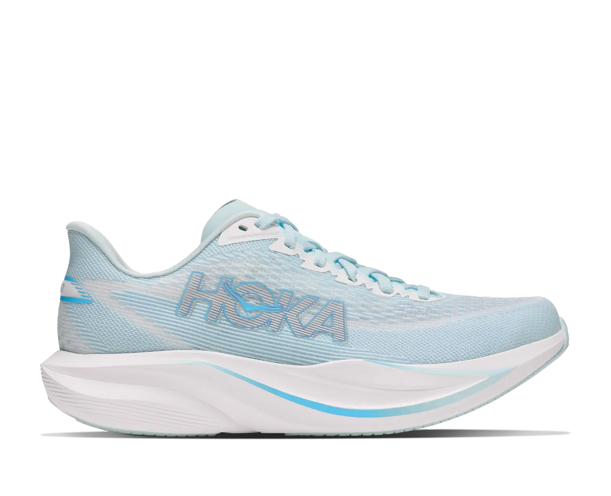 Women's Hoka Mach 7 in Glimmering Blue/Frost, lateral side view.
