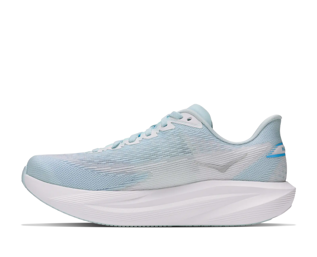 Women's Hoka Mach 7 in Glimmering Blue/Frost, medial side view.