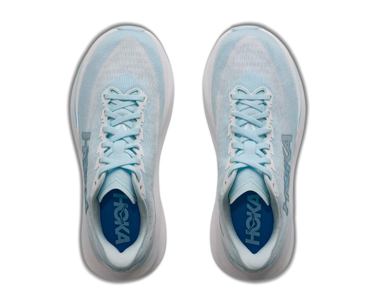 Pair of women's Hoka Mach 7 shoes in Glimmering Blue/Frost, top view.