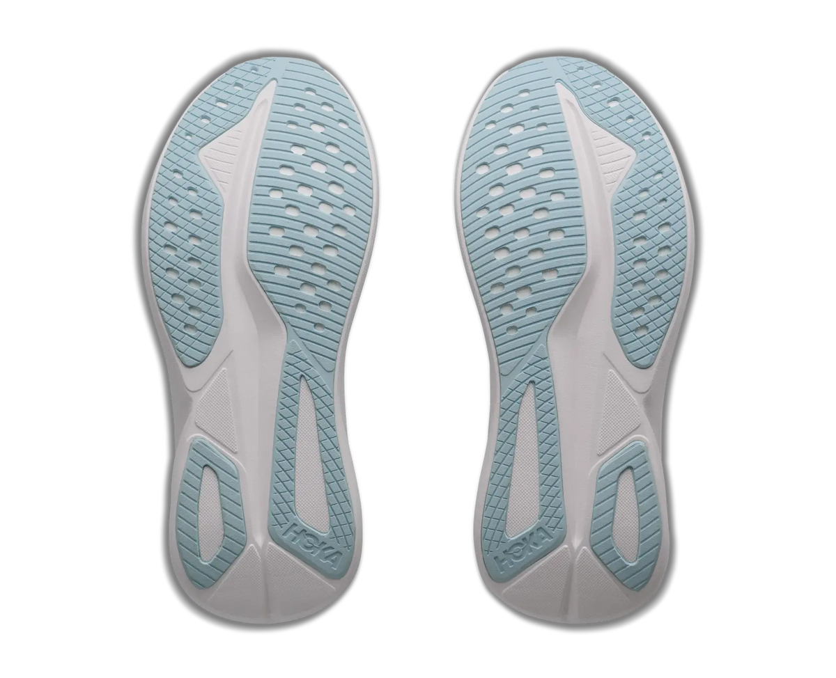 Pair of women's Hoka Mach 7 shoes in Glimmering Blue/Frost, outsole view.