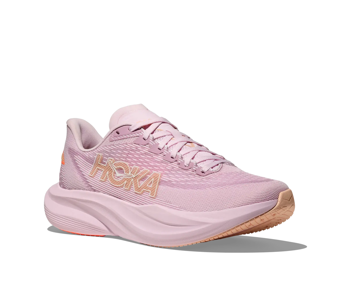Women's HOKA Mach 7 in Lilac Cream/Tangerine Glow, lateral view.