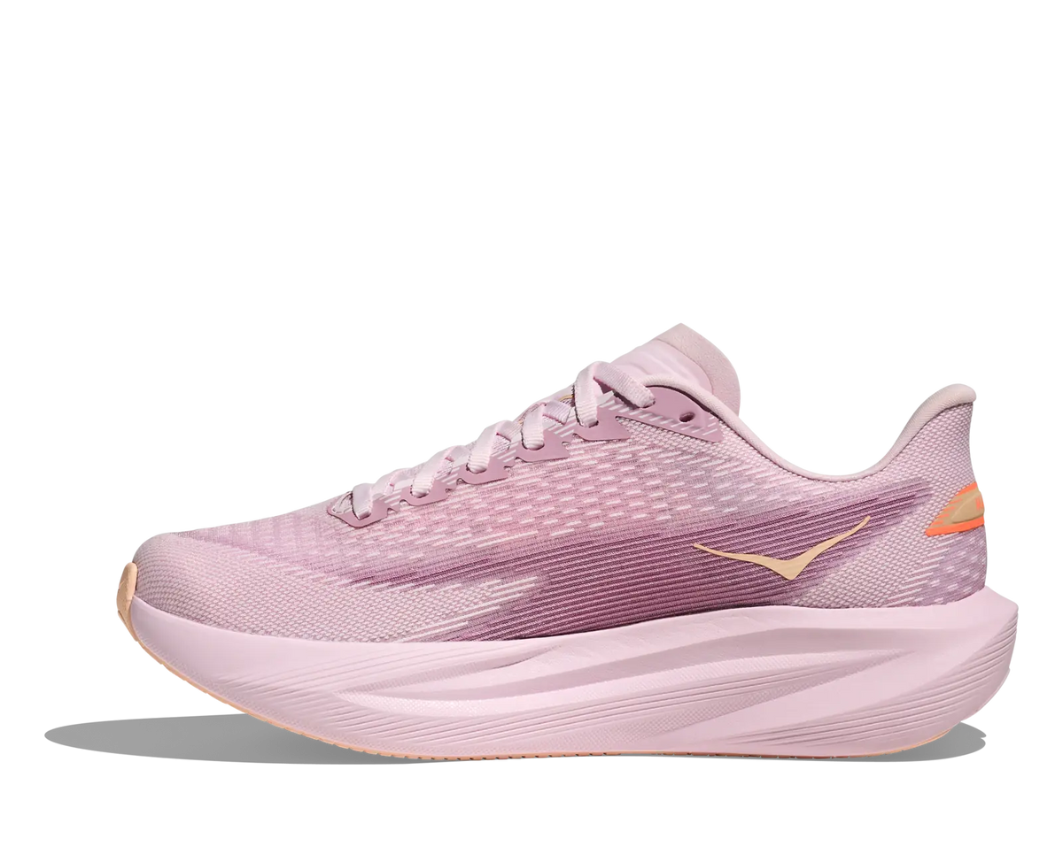 Women's HOKA Mach 7 in Lilac Cream/Tangerine Glow, medial view.