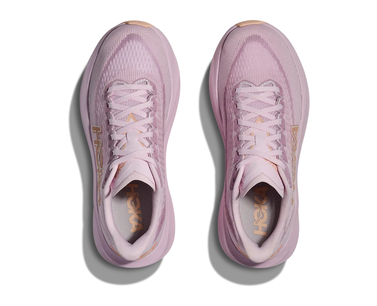 Women's HOKA Mach 7 in Lilac Cream/Tangerine Glow, top view.