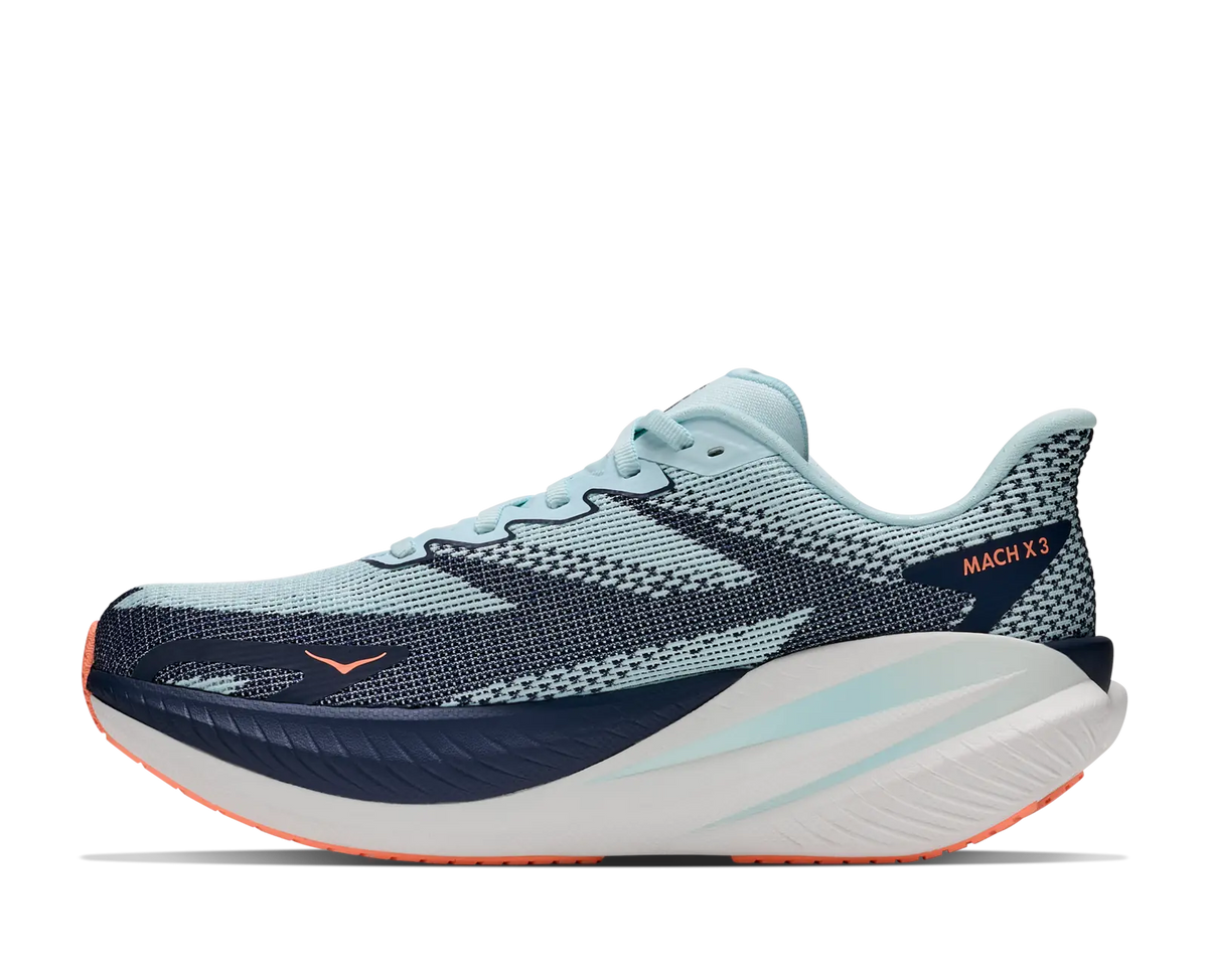 Women's Hoka Mach X3 in Glimmering Blue/Varsity Navy, medial side view.