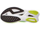 Pair of women's Hoka Mach X3 shoes in White/Neon Lime, outsole view.