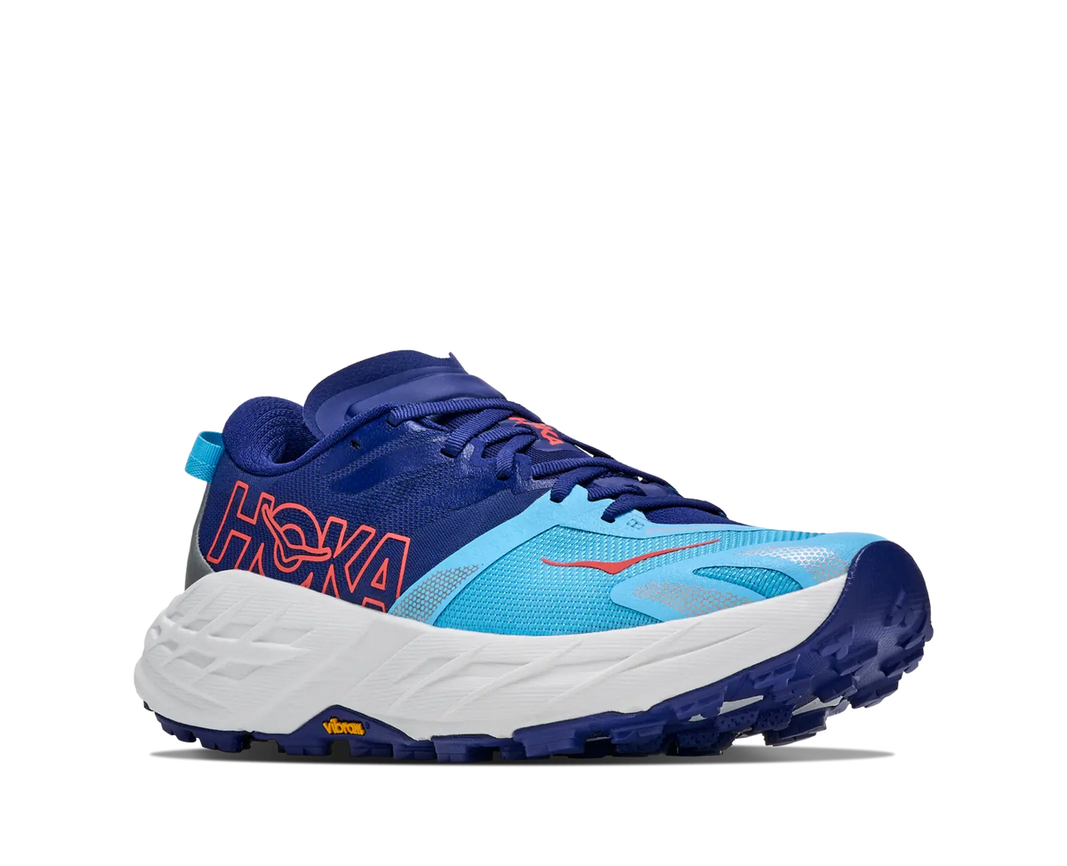 Women's HOKA Speedgoat 7 in Blueberry/Cosmic Grey, three-quarter lateral view.