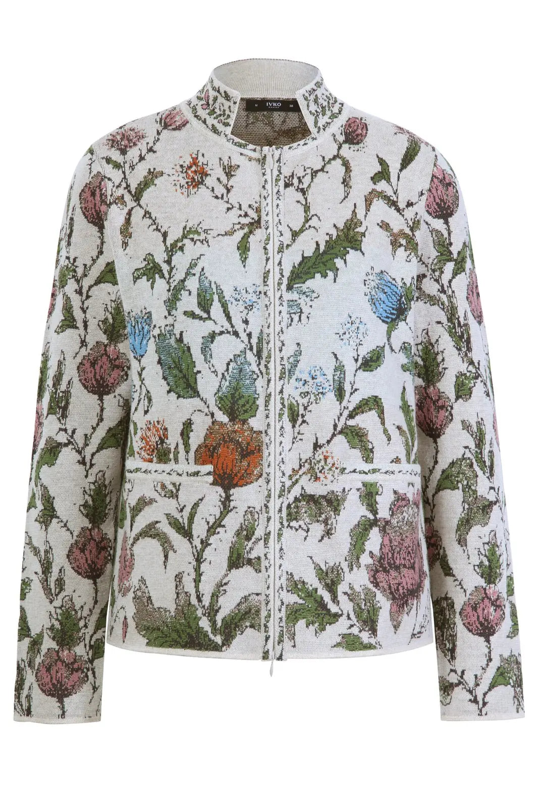 IVKO women's floral jacquard zip jacket in Off-White, product-only front view