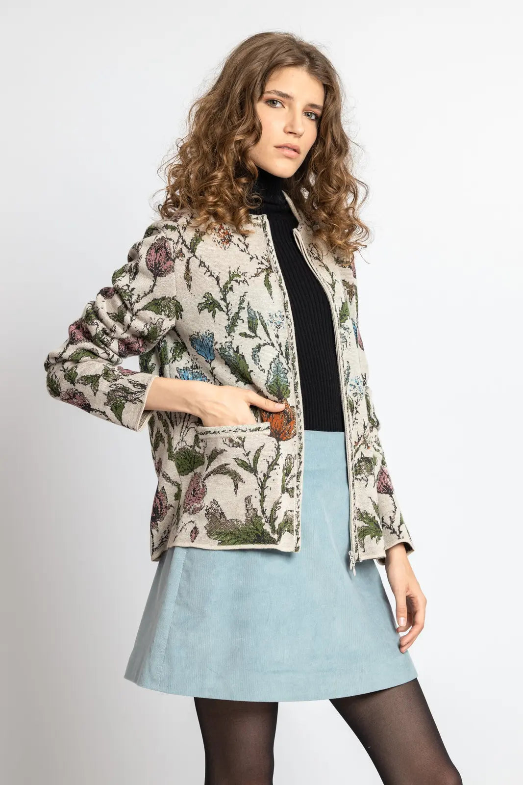 IVKO women's Off-White floral jacquard jacket shown from the front