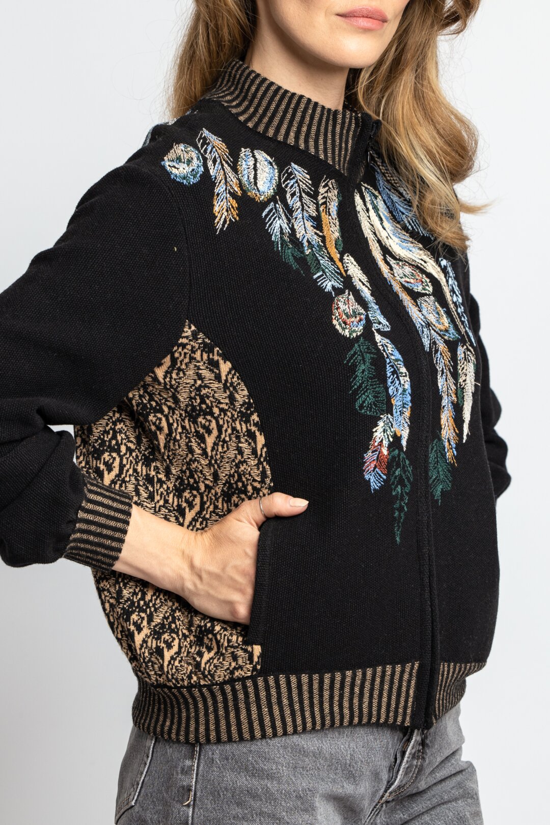 IVKO Roll Neck Jacket with Embroidery in Black on model, back view