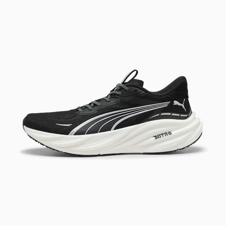 Black and white running shoe with Puma logo on a white background
