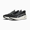 Black running shoes with white soles on a white background