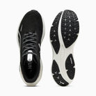 Black and white running shoe with sole view on a white background
