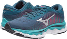 Women's Mizuno Wave Sky 5. Blue upper. White midsole. Lateral view.