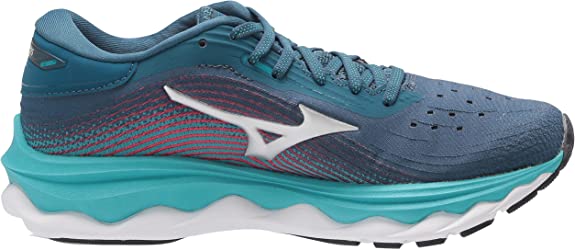 Women's Mizuno Wave Sky 5. Blue upper. White midsole. Medial view.