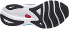 Women's Mizuno Wave Sky 5. Blue upper. White midsole. Bottom view.