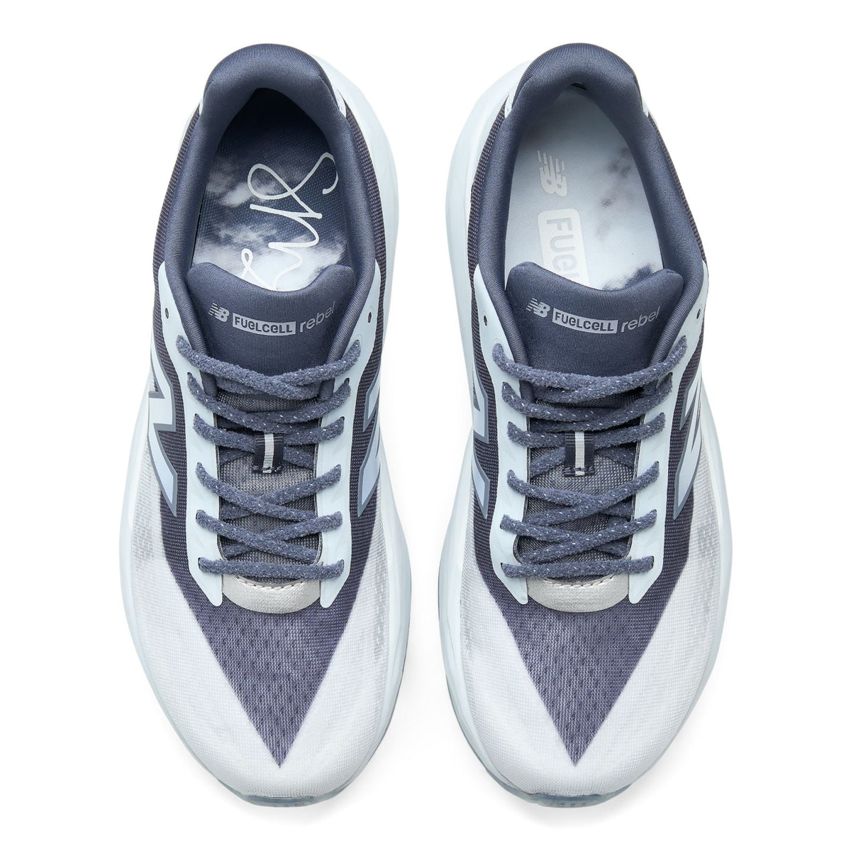 New Balance FuelCell Rebel v5 in Meteorite/White men's running shoe top view