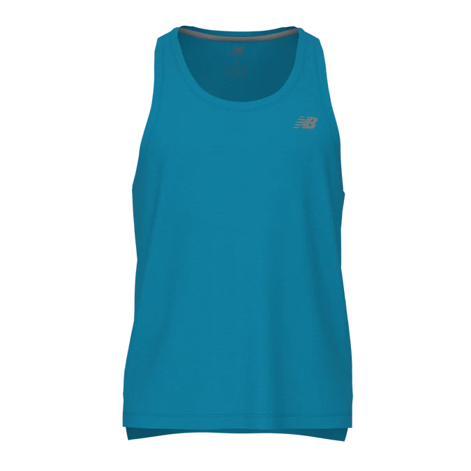 A teal blue New Balance tank top with a small gold 'NB' logo on the left chest, displayed against a solid white background.