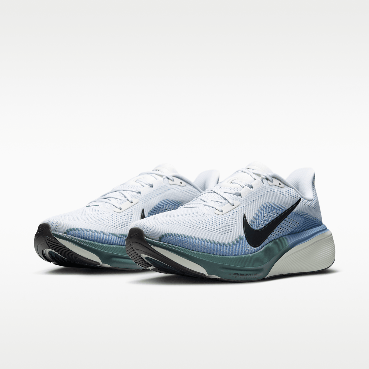 Nike Pegasus 42 men’s shoes in Pure Platinum/Dark Obsidian/Work Blue — front three-quarter view of the pair.