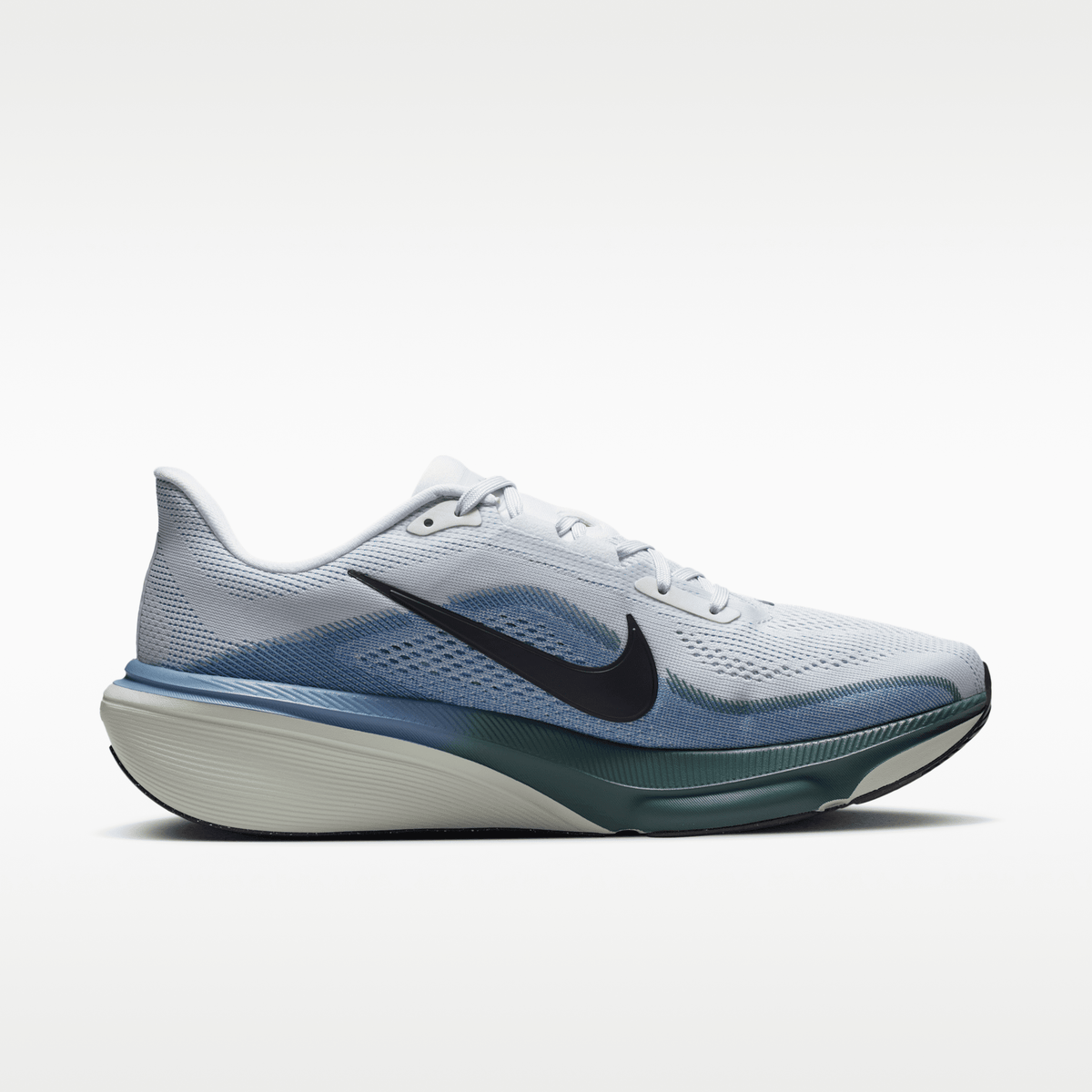 Nike Pegasus 42 men’s shoes in Pure Platinum/Dark Obsidian/Work Blue — opposite side profile.