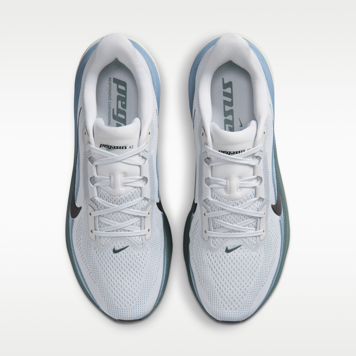 Nike Pegasus 42 men’s shoes in Pure Platinum/Dark Obsidian/Work Blue — top view of the pair.