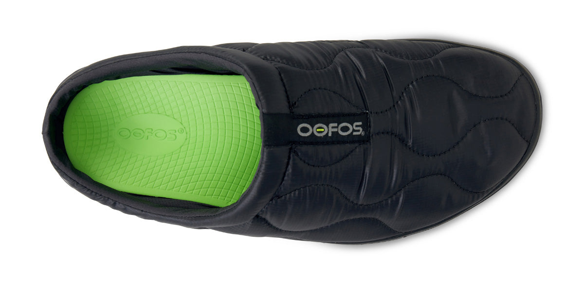 OOFOS OOcoozie Thermo Mule in Black women's recovery slipper top view