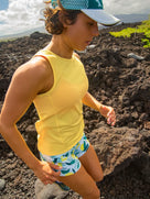 Women's Oiselle Flyout Trail Tank in Lemon/White, trail-running view
