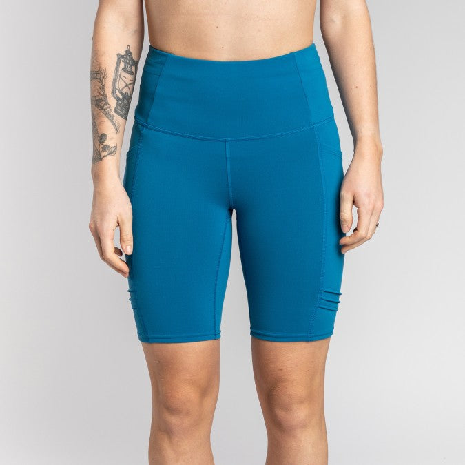 Women's Oiselle Long Pocket Jogger Shorts in Pacific, front view